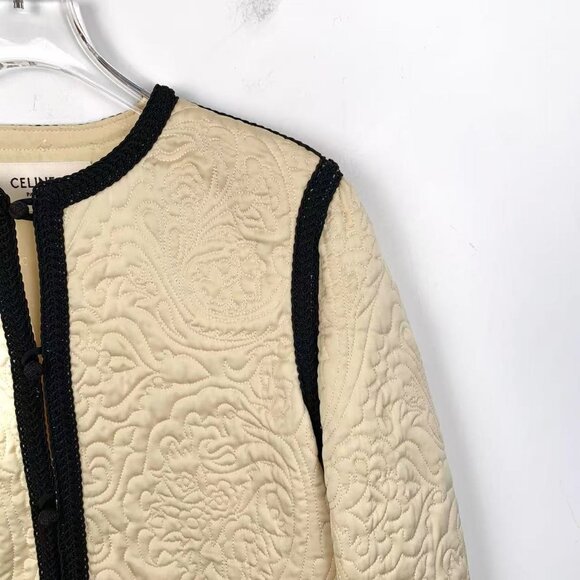 Celine Quilted Cream Jacket With Black Trim Button Closure Long Sleeves Round Ne - Picture 4 of 8